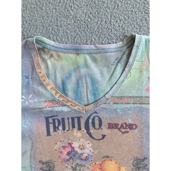 Vintage Fruit Co Top Small Rhinestone California Floral 3/4 Sleeve Shirt Y2K - Picture 5 of 14